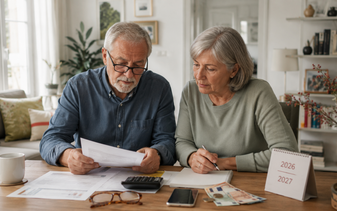 Älteres Ehepaar berechnet die Pensionserhöhung 2026 und 2027 in Österreich mit Unterlagen und Taschenrechner