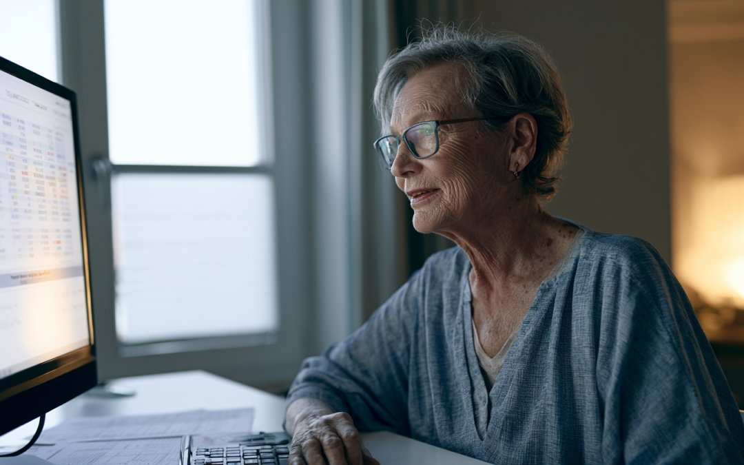 Seniorin betrachtet ihr Pensionskonto am Computer