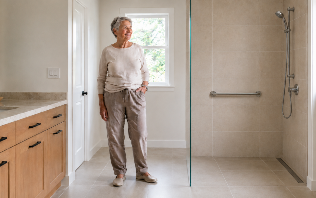 Ältere Frau in einem barrierefreien Badezimmer mit ebenerdiger Dusche, Haltegriff und rutschfestem Boden