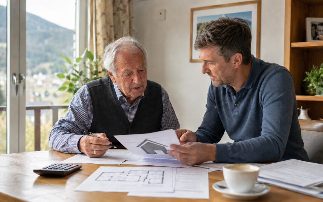 Älterer Mann und Angehörige besprechen Unterlagen zu Haus, Pension und Pflegeheimkosten